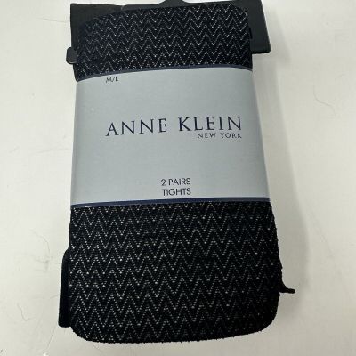 Women's Tights Black  M/L 2 Pairs Solid & Herringbone Pattern Anne Klein USA NWT